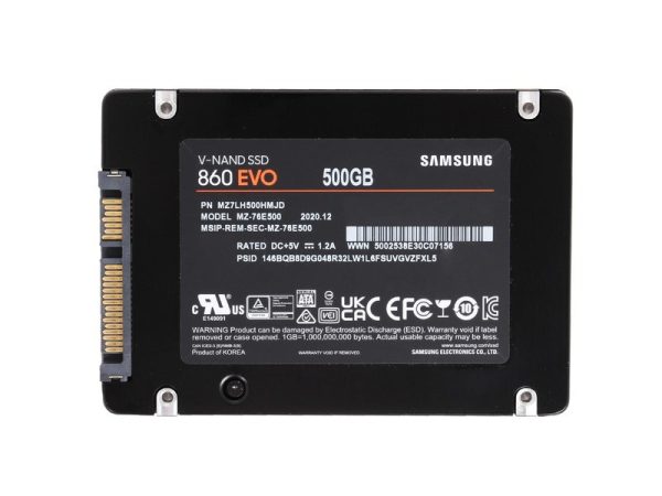 Samsung 860 EVO MZ-76E500 500GB 2.5-Inch SATA SSD – High-performance V-NAND solid-state drive, top view with black label.